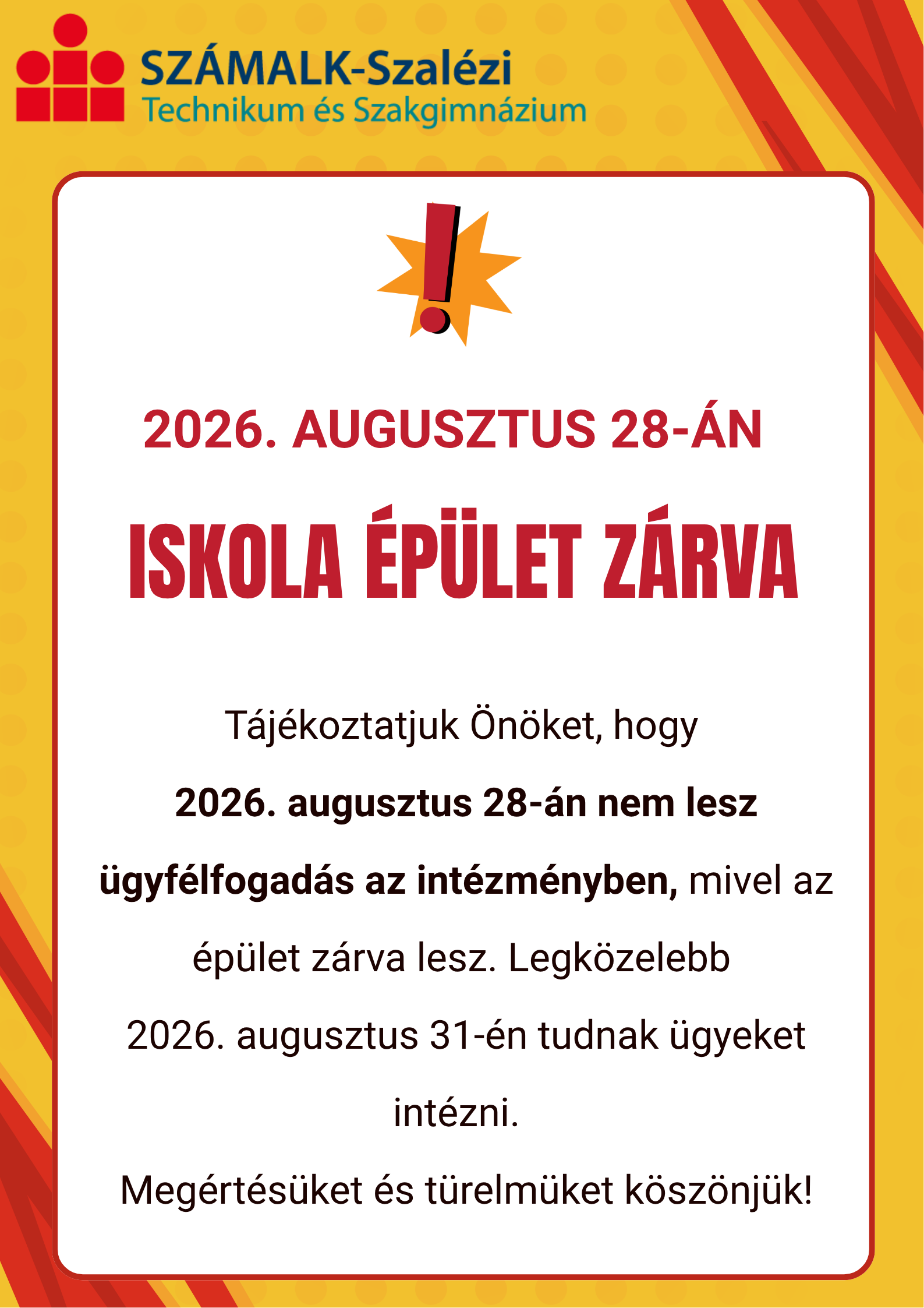 2026.08.28. épület zárva lesz
